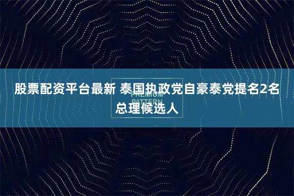 股票配资平台最新 泰国执政党自豪泰党提名2名总理候选人